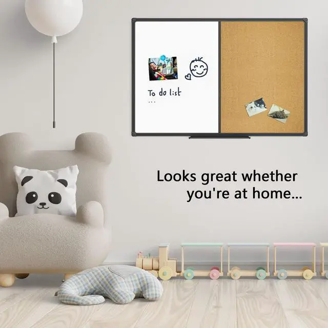 Alt view image 6 of 6 - White Board & Bulletin Corkboard Combination, Combo Board 48 x 36 Magnetic Whiteboard, Black Aluminum Frame Wall Mounted Board for Office Home and School with 10 Push Pins