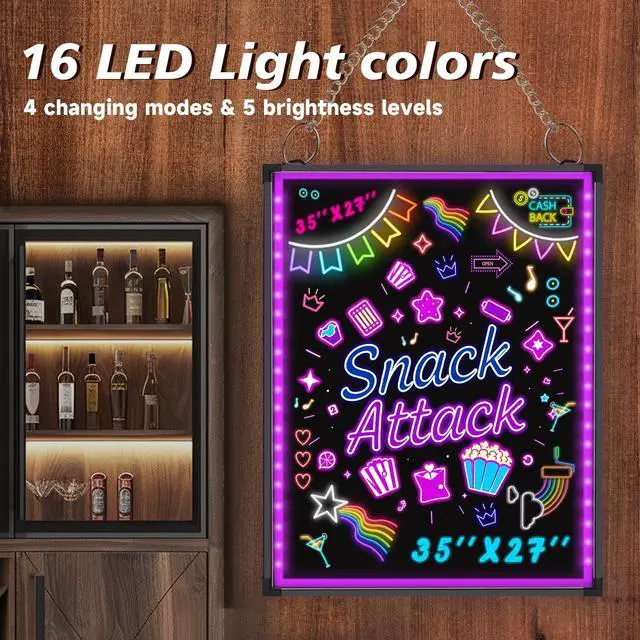 Alt view image 2 of 6 - 35"x27" LED Message Writing Board, Neon Sign for Business & Restaurants, Illuminated Erasable Menu Board, 8 Colors Markers & 16 Lighting Colors, Flashing Light Up Display for Bar, Party, Wedding