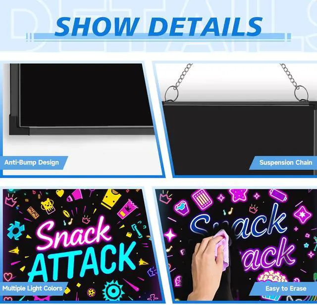 Alt view image 3 of 6 - 35"x27" LED Message Writing Board, Neon Sign for Business & Restaurants, Illuminated Erasable Menu Board, 8 Colors Markers & 16 Lighting Colors, Flashing Light Up Display for Bar, Party, Wedding