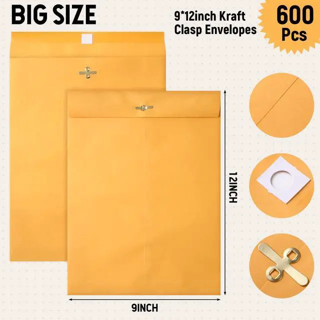 Alt view image 2 of 4 - 600 Pcs Manilla Envelopes Clasp Envelopes Bulk Brown Kraft Catalog Letter with Clasp Closure and Gummed Seal 28lb Heavyweight Paper (9 x 12 Inch)