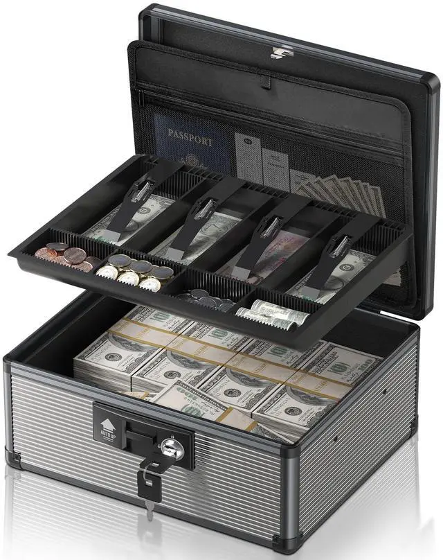 Main image of Locking Cash Box with Money Tray and Key, Secure Money Safe Box for Cash, Portable Money Box with 2 Storage Spaces and Removeable Storage Bag, Money Saving Organizer (Black, XX-Large)