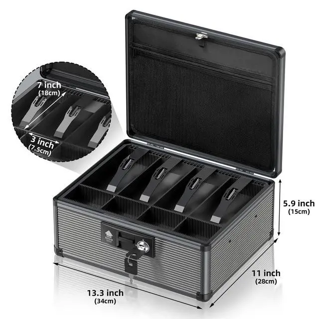 Alt view image 2 of 6 - Locking Cash Box with Money Tray and Key, Secure Money Safe Box for Cash, Portable Money Box with 2 Storage Spaces and Removeable Storage Bag, Money Saving Organizer (Black, XX-Large)