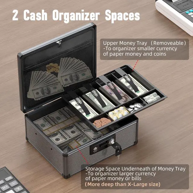 Alt view image 4 of 6 - Locking Cash Box with Money Tray and Key, Secure Money Safe Box for Cash, Portable Money Box with 2 Storage Spaces and Removeable Storage Bag, Money Saving Organizer (Black, XX-Large)