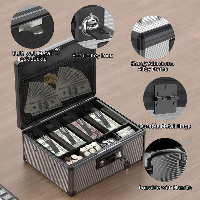 Alt view image 5 of 6 - Locking Cash Box with Money Tray and Key, Secure Money Safe Box for Cash, Portable Money Box with 2 Storage Spaces and Removeable Storage Bag, Money Saving Organizer (Black, XX-Large)