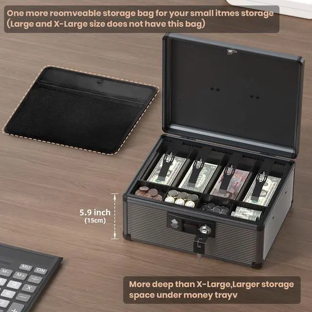 Alt view image 6 of 6 - Locking Cash Box with Money Tray and Key, Secure Money Safe Box for Cash, Portable Money Box with 2 Storage Spaces and Removeable Storage Bag, Money Saving Organizer (Black, XX-Large)