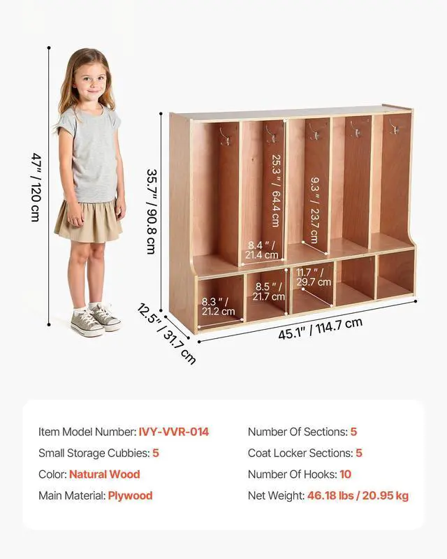 Alt view image 2 of 6 - 5-Section Coat Locker with Bench, Kids Lockers with 10 Hooks & Non-Slip Mat, Classroom Cubbies for Daycare, Home, Kindergarten- Natural