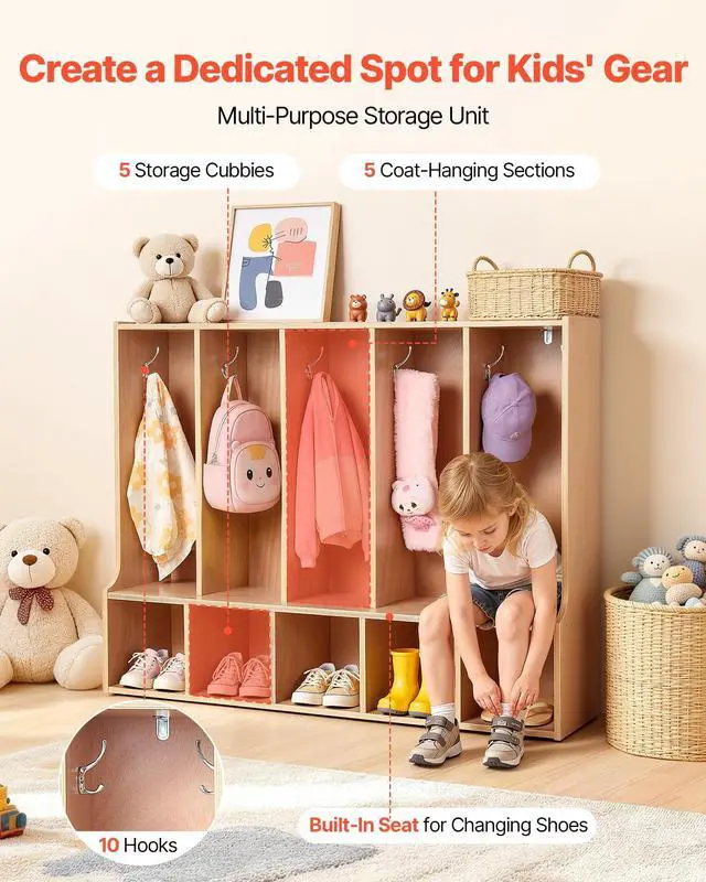 Alt view image 3 of 6 - 5-Section Coat Locker with Bench, Kids Lockers with 10 Hooks & Non-Slip Mat, Classroom Cubbies for Daycare, Home, Kindergarten- Natural