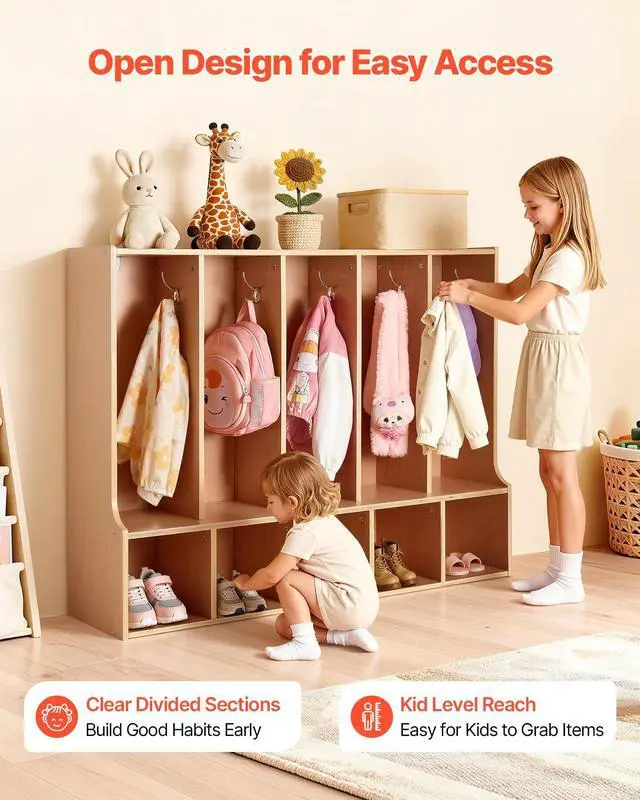 Alt view image 4 of 6 - 5-Section Coat Locker with Bench, Kids Lockers with 10 Hooks & Non-Slip Mat, Classroom Cubbies for Daycare, Home, Kindergarten- Natural