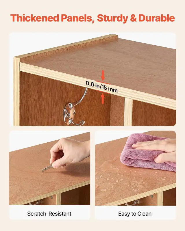 Alt view image 5 of 6 - 5-Section Coat Locker with Bench, Kids Lockers with 10 Hooks & Non-Slip Mat, Classroom Cubbies for Daycare, Home, Kindergarten- Natural