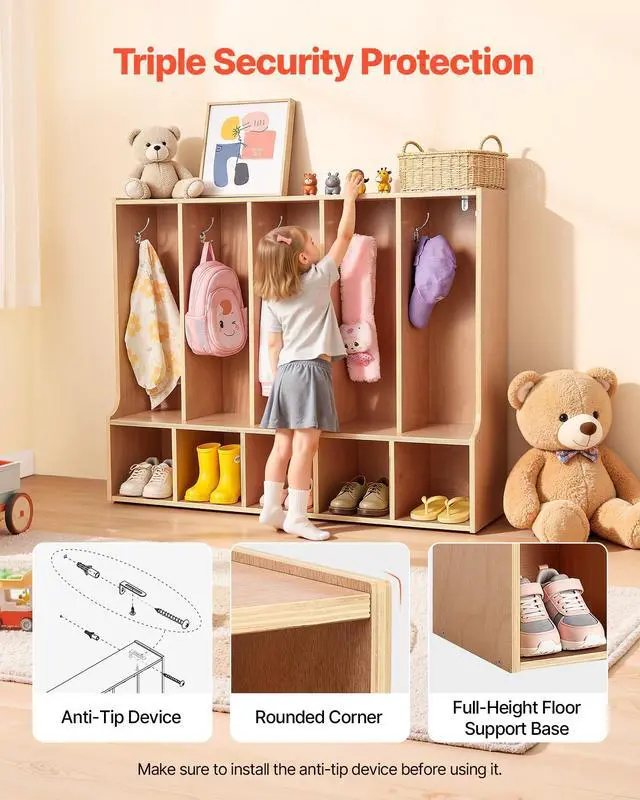 Alt view image 6 of 6 - 5-Section Coat Locker with Bench, Kids Lockers with 10 Hooks & Non-Slip Mat, Classroom Cubbies for Daycare, Home, Kindergarten- Natural