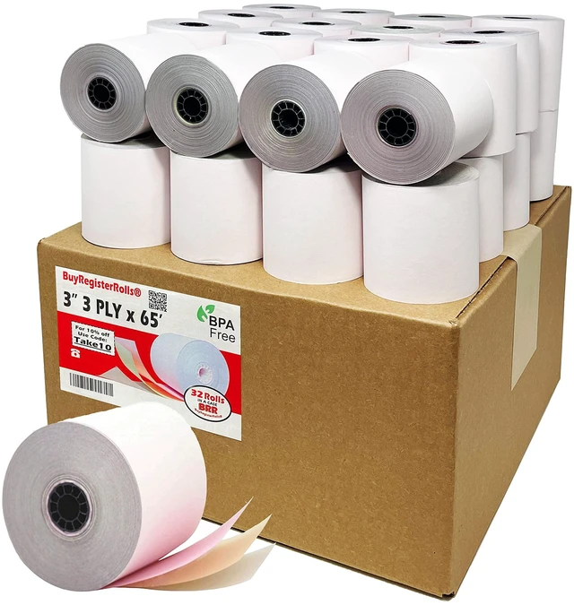 Main image of (32 Rolls) 3-ply 3" inch 65' Feet White/Canary/Pink Carbonless Paper for Star SP700 TMU 220 (3-ply 3" inch 65' Feet) Kitchen Printer Paper From