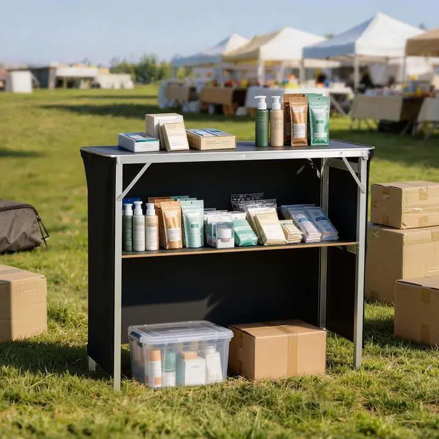 Alt view image 2 of 6 - Folding Portable Bar Table, 43.3 x 15.4 x 34.6 in, with Carry Bag, Storage Shelf, and Detachable Skirt, Quick and Easy Setup, Foldable Mobile Bartending Station for Events, Party, Tradeshow