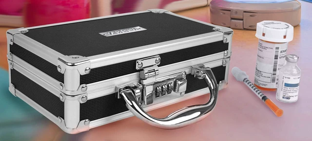 Alt view image 2 of 6 - Locking Medicine Case, Combination Lock Box, 3-Pack, Briefcase Style | Reinforced steel corners and chrome handle, organized interior with mesh pocket and elastic securing straps