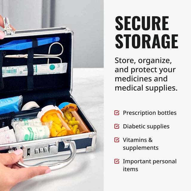 Alt view image 5 of 6 - Locking Medicine Case, Combination Lock Box, 3-Pack, Briefcase Style | Reinforced steel corners and chrome handle, organized interior with mesh pocket and elastic securing straps