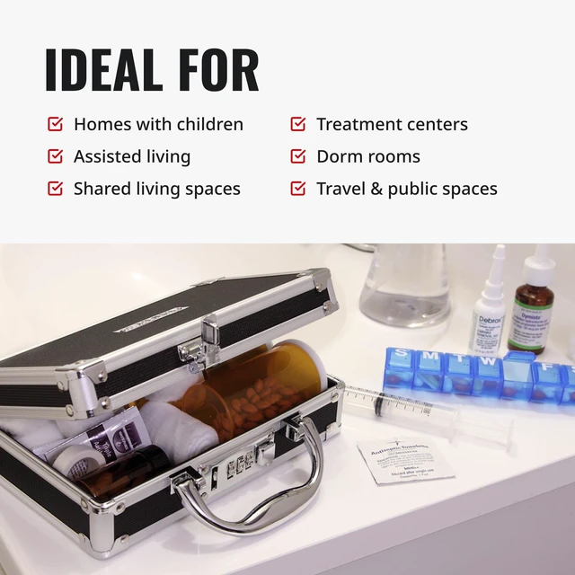 Alt view image 6 of 6 - Locking Medicine Case, Combination Lock Box, 3-Pack, Briefcase Style | Reinforced steel corners and chrome handle, organized interior with mesh pocket and elastic securing straps
