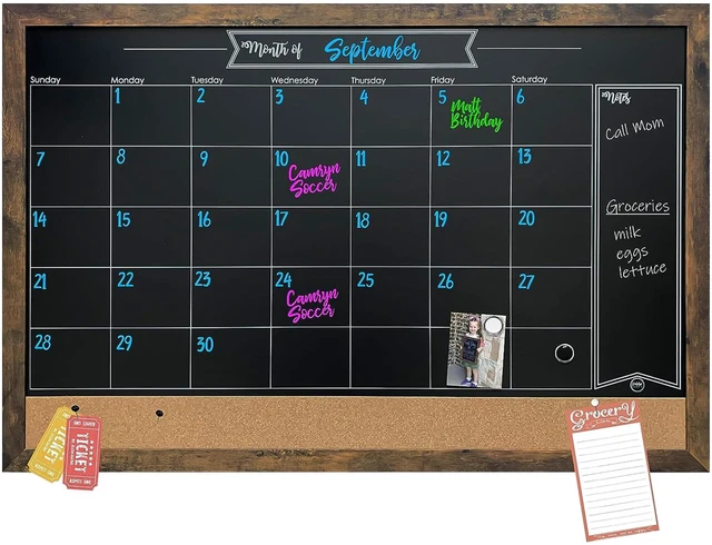 Main image of Framed Magnetic Chalkboard Calendar, Kitchen Decor, 36" x 24" | Magnet Display for Notes & Photos, Stain Resistant Surface, Mounting Hardware Included, Menu Board for Kitchen, Wall Decor