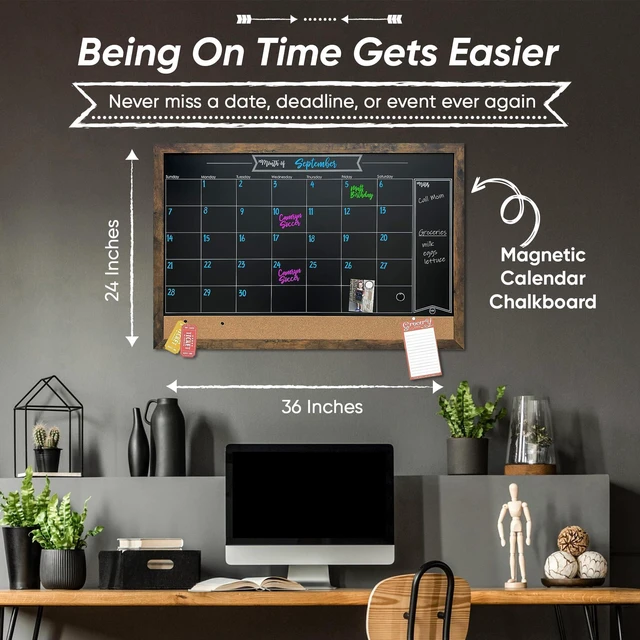 Alt view image 2 of 6 - Framed Magnetic Chalkboard Calendar, Kitchen Decor, 36" x 24" | Magnet Display for Notes & Photos, Stain Resistant Surface, Mounting Hardware Included, Menu Board for Kitchen, Wall Decor