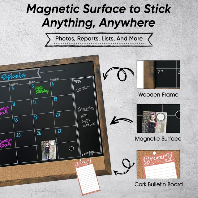 Alt view image 3 of 6 - Framed Magnetic Chalkboard Calendar, Kitchen Decor, 36" x 24" | Magnet Display for Notes & Photos, Stain Resistant Surface, Mounting Hardware Included, Menu Board for Kitchen, Wall Decor