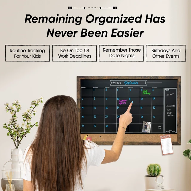 Alt view image 6 of 6 - Framed Magnetic Chalkboard Calendar, Kitchen Decor, 36" x 24" | Magnet Display for Notes & Photos, Stain Resistant Surface, Mounting Hardware Included, Menu Board for Kitchen, Wall Decor