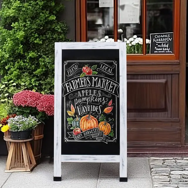Alt view image 2 of 6 - Solid Wood A-Frame Chalkboard - 40" x 20" Magnetic Sandwich Board Signs Outdoor Standing Chalk Board Easel Sidewalk Pizarra for Wedding, Business, Party - Rustic White