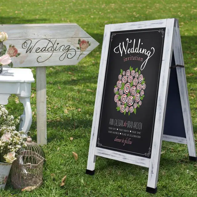 Alt view image 3 of 6 - Solid Wood A-Frame Chalkboard - 40" x 20" Magnetic Sandwich Board Signs Outdoor Standing Chalk Board Easel Sidewalk Pizarra for Wedding, Business, Party - Rustic White