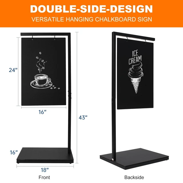 Alt view image 2 of 6 - Chalkboard Signs with Stand, 43" x 18" Hanging Black Metal Easel | Double-Sided, Outdoor Chalkboard,Cafe Bar, Bistro, Florist, or Wedding