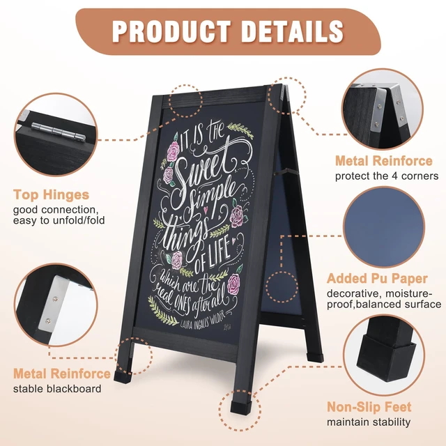 Alt view image 6 of 6 - Solid Wood A-Frame Chalkboard - 40" x 20" Magnetic Sandwich Board Signs Outdoor Standing Chalk Board Easel Sidewalk Pizarra for Menu, Business, Cafe, Event - Black