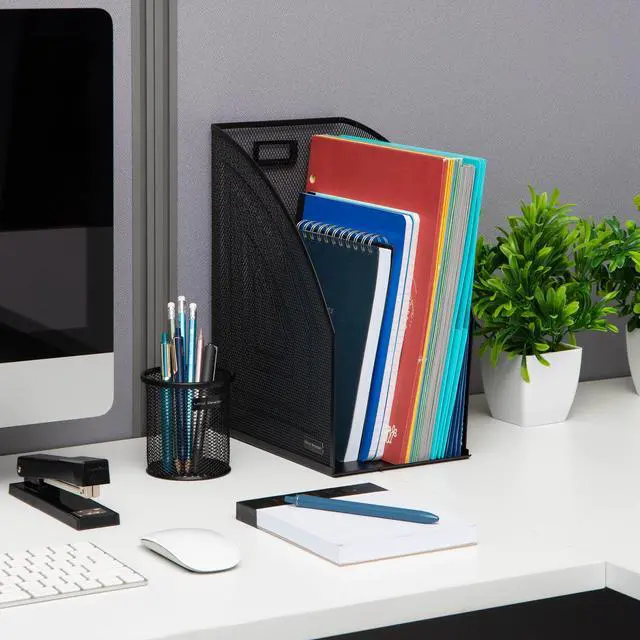 Alt view image 2 of 6 - Vertical File Storage, Desktop Organizer, Workspace, Office, Metal Mesh, 6.25" L x 10" W x 12.5" H, Black (Pack of 4)
