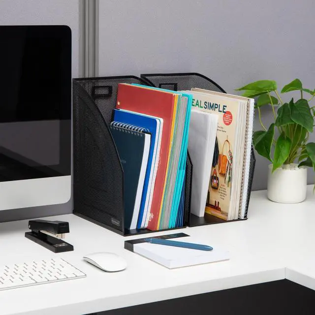 Alt view image 6 of 6 - Vertical File Storage, Desktop Organizer, Workspace, Office, Metal Mesh, 6.25" L x 10" W x 12.5" H, Black (Pack of 4)