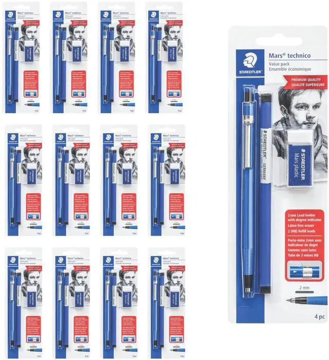 Main image of Mars Technical Mechanical Pencil Set, Blue, 12 Pack | 1 pencil - 2 mm, 1 eraser, 2 ea 2H lead refills. 4pc