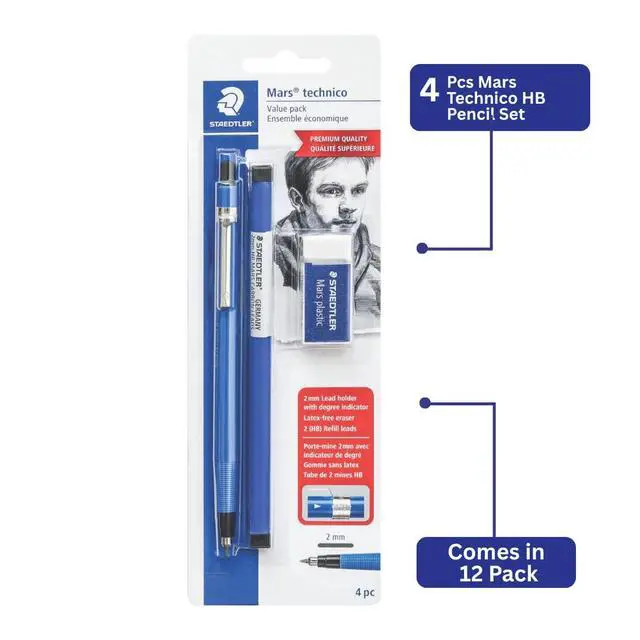 Alt view image 2 of 6 - Mars Technical Mechanical Pencil Set, Blue, 12 Pack | 1 pencil - 2 mm, 1 eraser, 2 ea 2H lead refills. 4pc