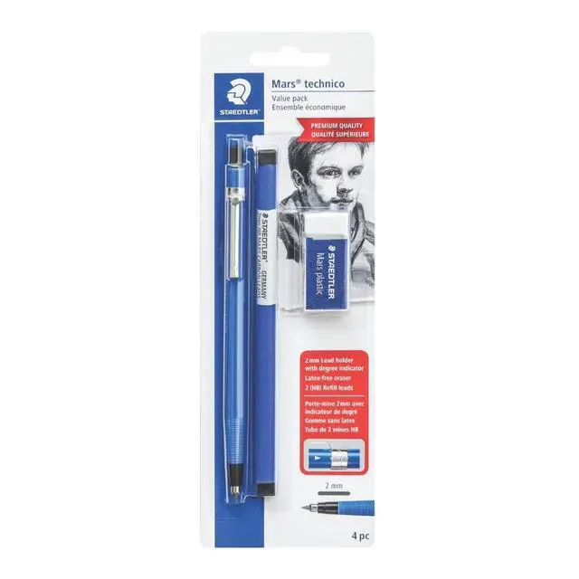 Alt view image 4 of 6 - Mars Technical Mechanical Pencil Set, Blue, 12 Pack | 1 pencil - 2 mm, 1 eraser, 2 ea 2H lead refills. 4pc