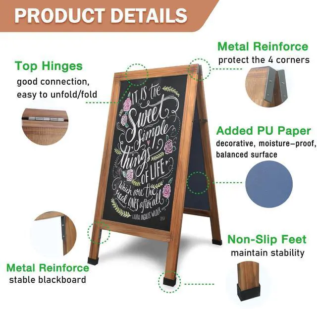 Alt view image 5 of 6 - Magnetic A-Frame Chalkboard Easel Sign - Large 40" x 20" Rustic Sandwich Chalk Board Signs Outdoor Double Sided Sidewalk Pizarra for Business, Wedding, Menu