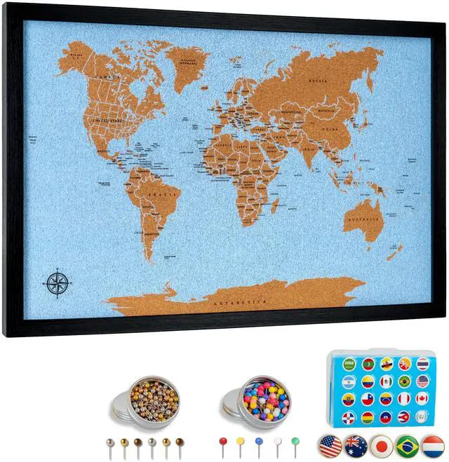 Main image of World Map Pin Board Medium 21"x14" Framed | Blue Ocean Cork Wall Map with 300 Push Pins | Country Flag, Metallic & Colored Pins | World Travel Map with Pins | Gift for Travelers, Couples & Families