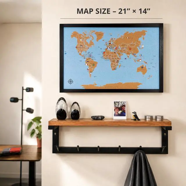 Alt view image 2 of 6 - World Map Pin Board Medium 21"x14" Framed | Blue Ocean Cork Wall Map with 300 Push Pins | Country Flag, Metallic & Colored Pins | World Travel Map with Pins | Gift for Travelers, Couples & Families