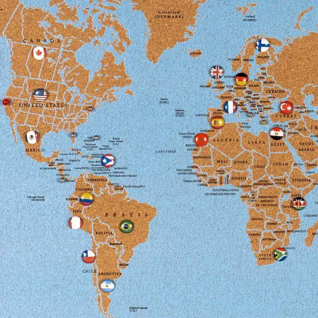 Alt view image 3 of 6 - World Map Pin Board Medium 21"x14" Framed | Blue Ocean Cork Wall Map with 300 Push Pins | Country Flag, Metallic & Colored Pins | World Travel Map with Pins | Gift for Travelers, Couples & Families