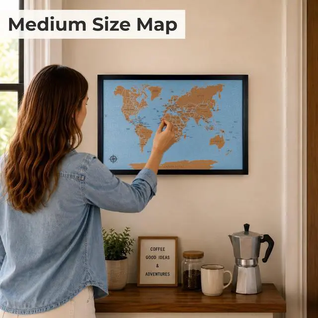 Alt view image 4 of 6 - World Map Pin Board Medium 21"x14" Framed | Blue Ocean Cork Wall Map with 300 Push Pins | Country Flag, Metallic & Colored Pins | World Travel Map with Pins | Gift for Travelers, Couples & Families