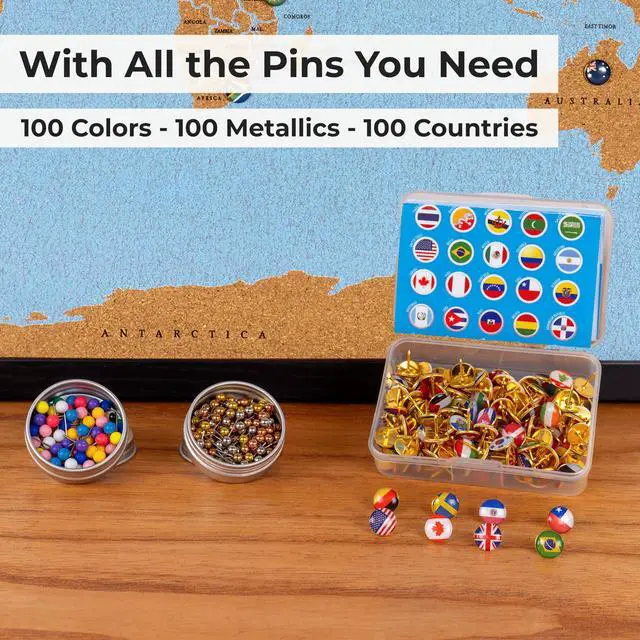 Alt view image 5 of 6 - World Map Pin Board Medium 21"x14" Framed | Blue Ocean Cork Wall Map with 300 Push Pins | Country Flag, Metallic & Colored Pins | World Travel Map with Pins | Gift for Travelers, Couples & Families