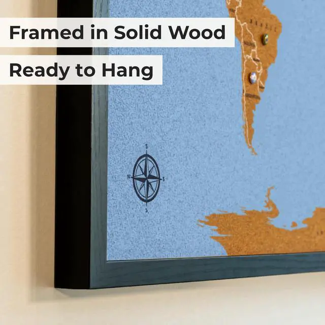Alt view image 6 of 6 - World Map Pin Board Medium 21"x14" Framed | Blue Ocean Cork Wall Map with 300 Push Pins | Country Flag, Metallic & Colored Pins | World Travel Map with Pins | Gift for Travelers, Couples & Families