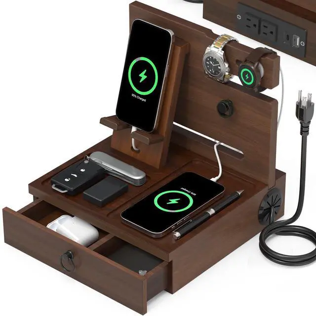Main image of Wood Phone Docking Station with USB Ports and Outlets, Nightstand Organizer with Charging Station, Bedside Organizer with Drawer for Watch & Accessories, Christmas Anniversary Birthday Gifts for Men