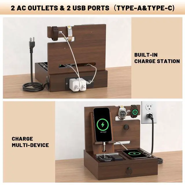 Alt view image 2 of 6 - Wood Phone Docking Station with USB Ports and Outlets, Nightstand Organizer with Charging Station, Bedside Organizer with Drawer for Watch & Accessories, Christmas Anniversary Birthday Gifts for Men