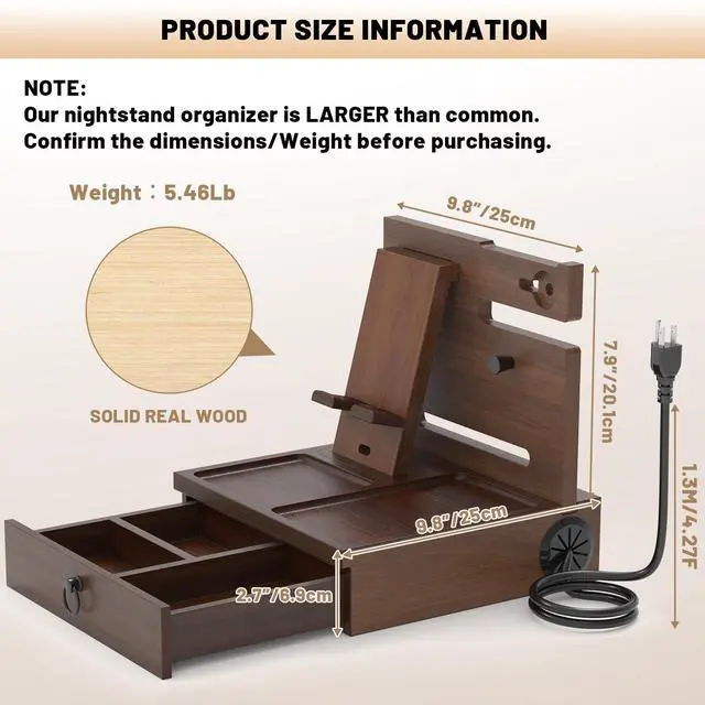 Alt view image 3 of 6 - Wood Phone Docking Station with USB Ports and Outlets, Nightstand Organizer with Charging Station, Bedside Organizer with Drawer for Watch & Accessories, Christmas Anniversary Birthday Gifts for Men