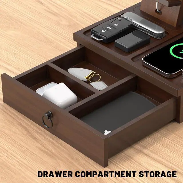 Alt view image 4 of 6 - Wood Phone Docking Station with USB Ports and Outlets, Nightstand Organizer with Charging Station, Bedside Organizer with Drawer for Watch & Accessories, Christmas Anniversary Birthday Gifts for Men