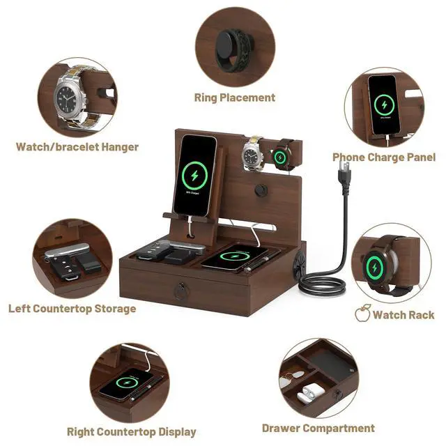Alt view image 5 of 6 - Wood Phone Docking Station with USB Ports and Outlets, Nightstand Organizer with Charging Station, Bedside Organizer with Drawer for Watch & Accessories, Christmas Anniversary Birthday Gifts for Men