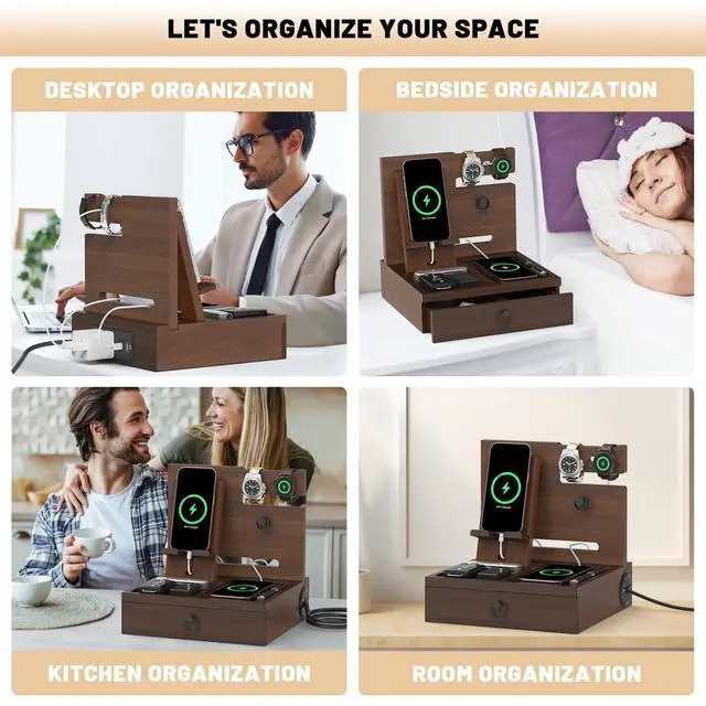 Alt view image 6 of 6 - Wood Phone Docking Station with USB Ports and Outlets, Nightstand Organizer with Charging Station, Bedside Organizer with Drawer for Watch & Accessories, Christmas Anniversary Birthday Gifts for Men
