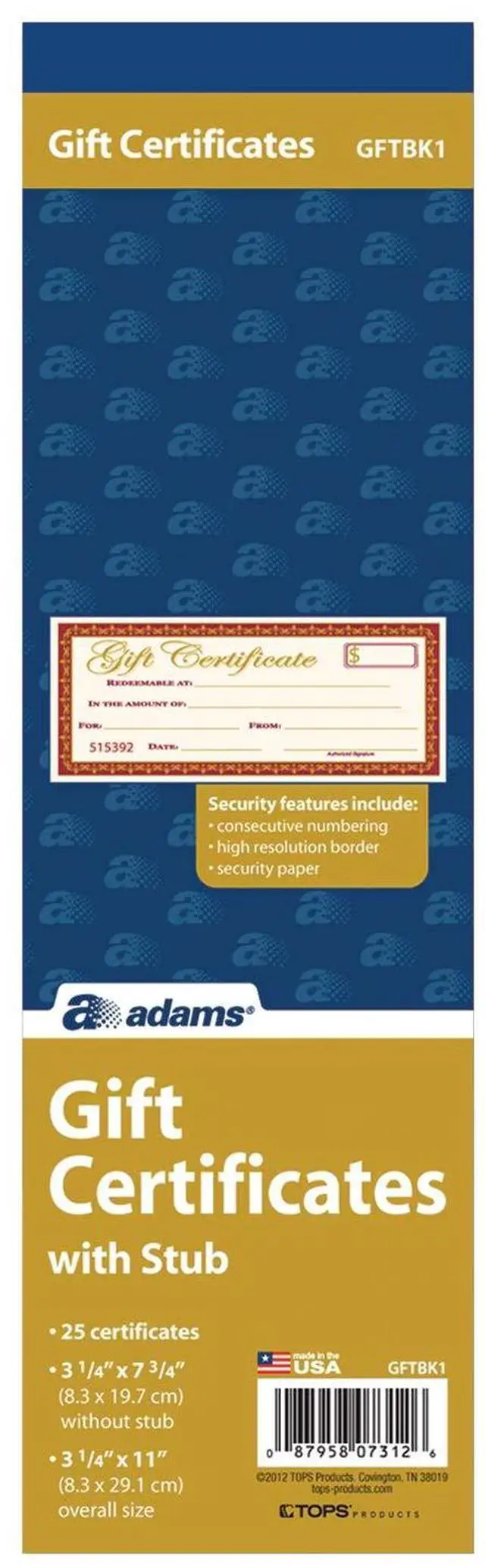 Main image of 1-Part Gift Certificates with Stub, 3-1/4" x 11", 25 Certificates/BK (GFTBK1), Pack of 12