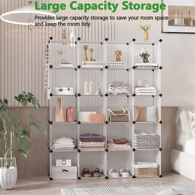 Alt view image 2 of 6 - 20-Cube Shelf, Plastic Cube Storage Organizer, DIY Bookshelf White | Stackable Modular Closet Cabinet Ideal for Bedroom, Living Room, Office, 48.4" L x 12.4" W x 60.6" H