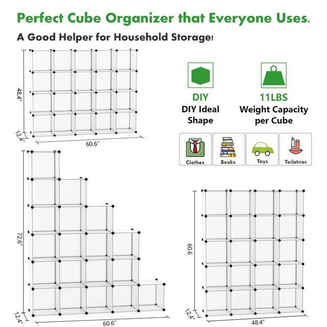Alt view image 3 of 6 - 20-Cube Shelf, Plastic Cube Storage Organizer, DIY Bookshelf White | Stackable Modular Closet Cabinet Ideal for Bedroom, Living Room, Office, 48.4" L x 12.4" W x 60.6" H