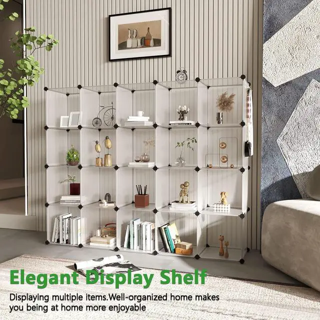 Alt view image 4 of 6 - 20-Cube Shelf, Plastic Cube Storage Organizer, DIY Bookshelf White | Stackable Modular Closet Cabinet Ideal for Bedroom, Living Room, Office, 48.4" L x 12.4" W x 60.6" H