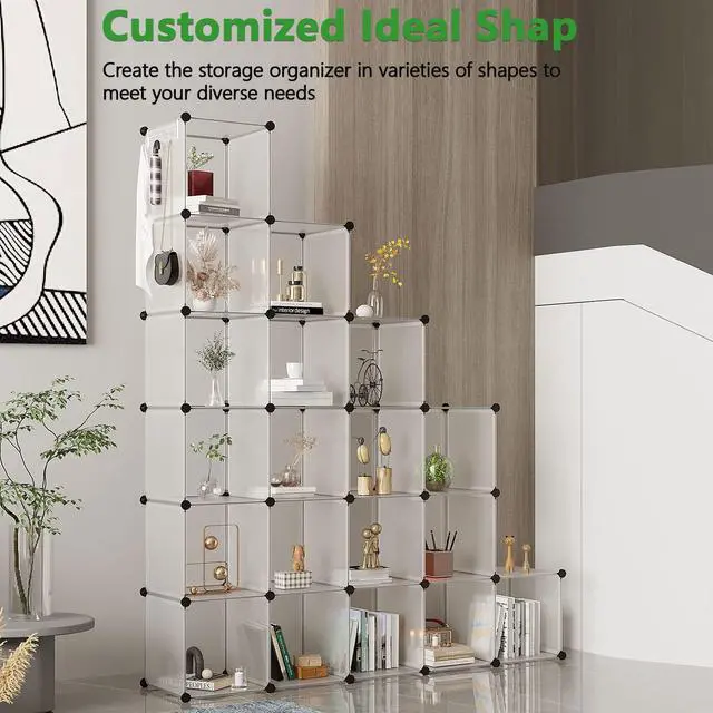 Alt view image 5 of 6 - 20-Cube Shelf, Plastic Cube Storage Organizer, DIY Bookshelf White | Stackable Modular Closet Cabinet Ideal for Bedroom, Living Room, Office, 48.4" L x 12.4" W x 60.6" H